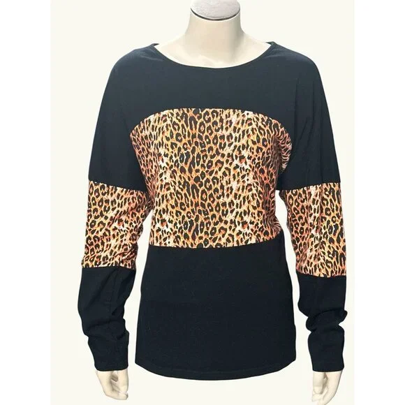 Color Block Pullover Blouse Leopard Print Tunic Raglan Long Sleeve Casual Loose - Picture 1 of 9